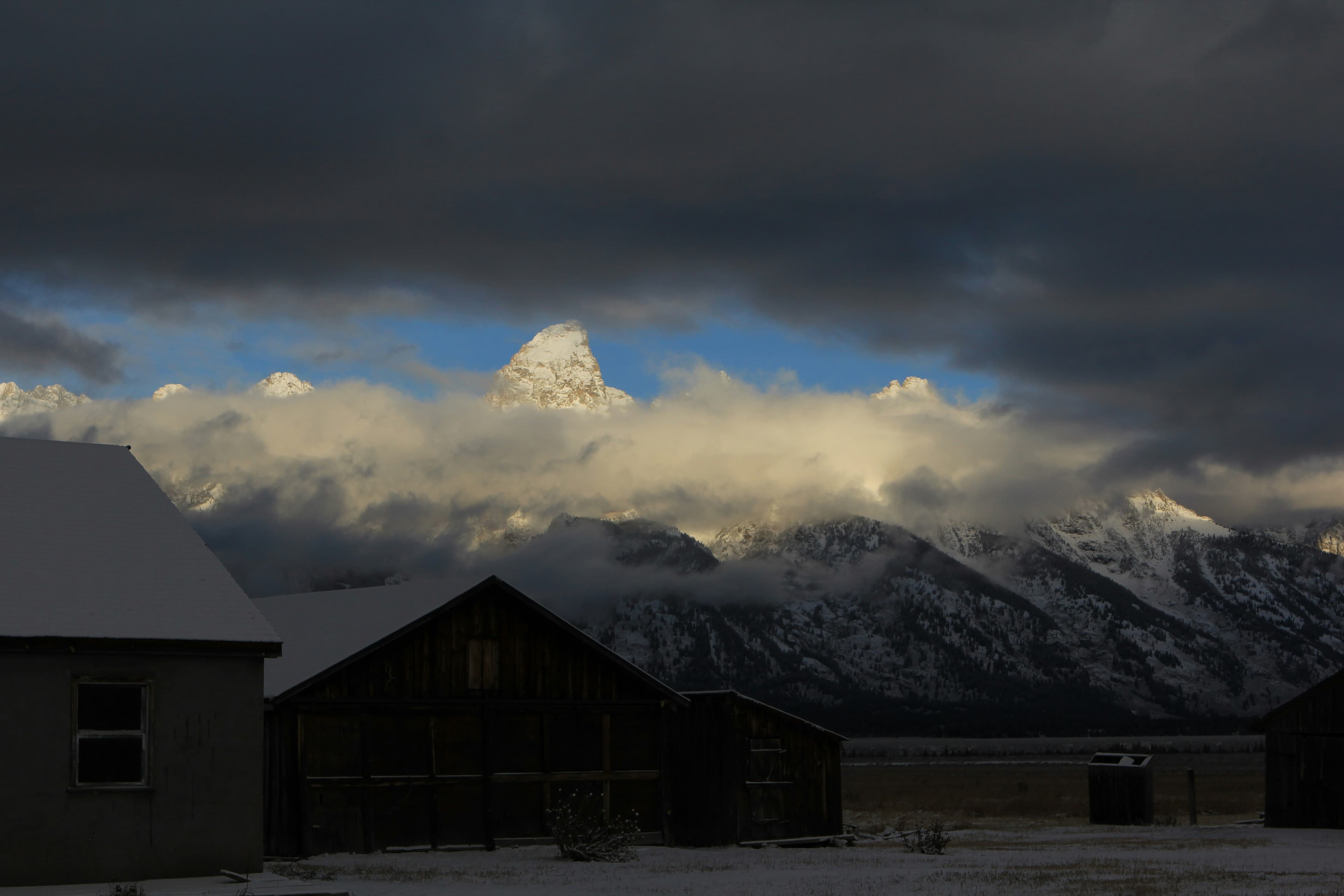 Building with the Teton mountains rising behind it in Wyoming