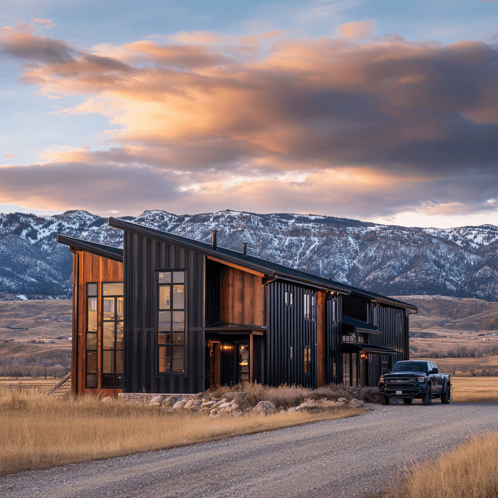Dark modern exterior custom post-frame building in the Mountain West