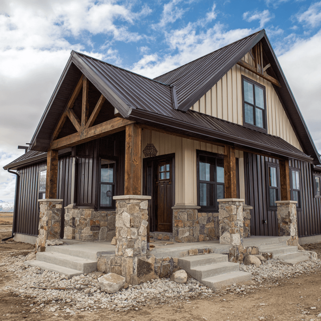 Warm rustic-modern barndominium exterior with timber accents and metal roofing