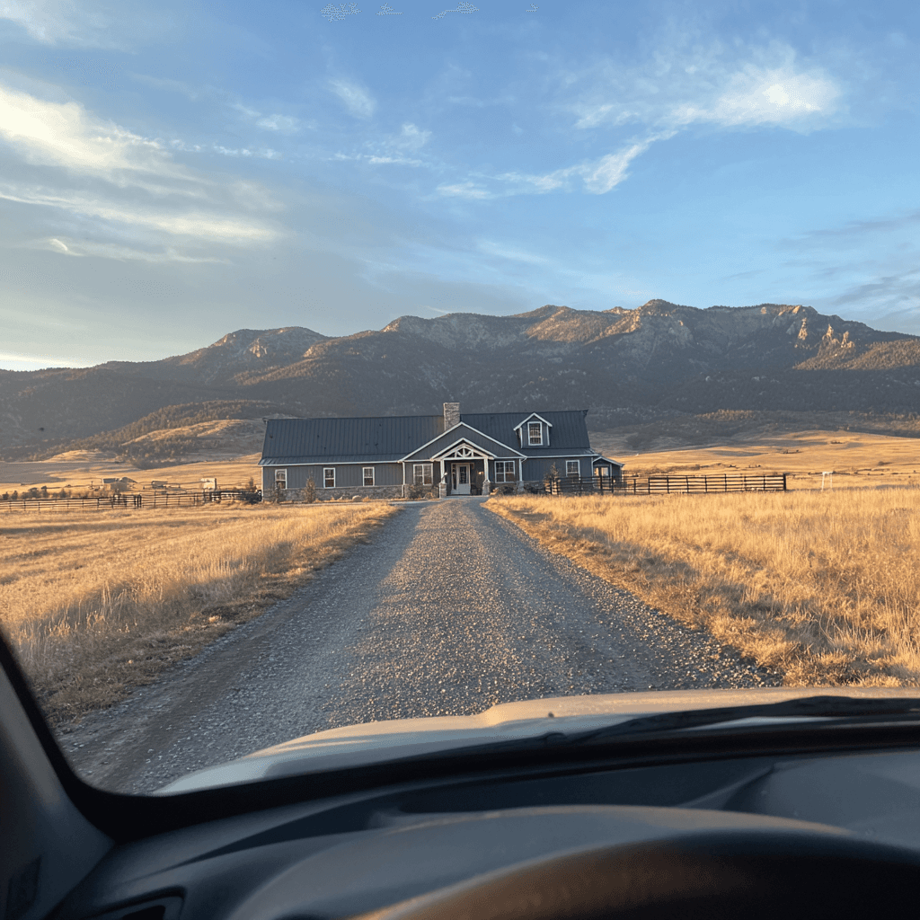 View through a pickup truck of a custom building on Montana land