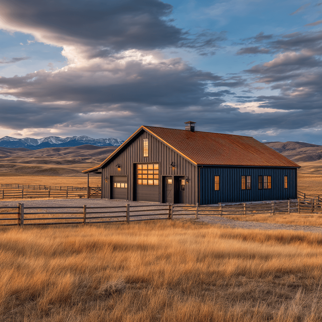 Custom post-frame building on the open Wyoming prairie at sunset