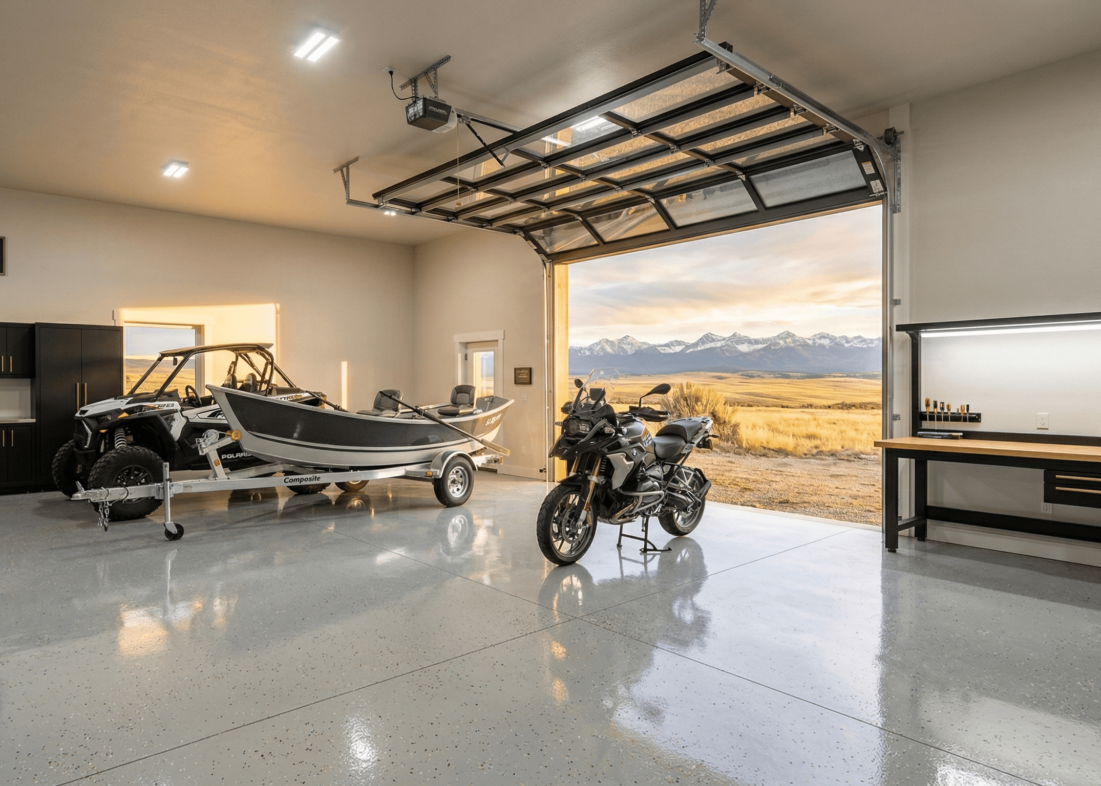 Organized luxury garage interior with epoxy floors and premium vehicle storage